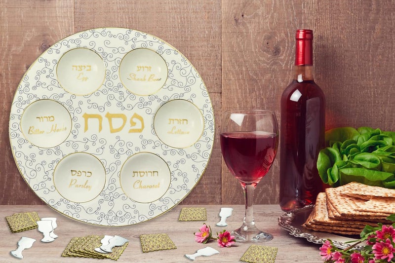 Rite Lite Classic White & Blue Curlicue Seder Plate With Gold Accents - Elegant & Modern Pesach Seder Dish Recipe Hebrew & English Haggadah Traditional Jewish Holiday Party Plate Decor Judaism Gifts - Image 3